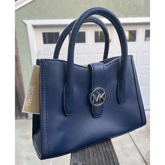 NWT Michael Kors Gabby Small Navy Faux Leather Top Zip Satchel Crossbody Purse - Picture 5 of 9